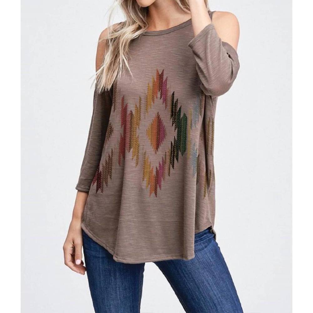 NEW PHIL LOVE aztec cold shoulder top in brown